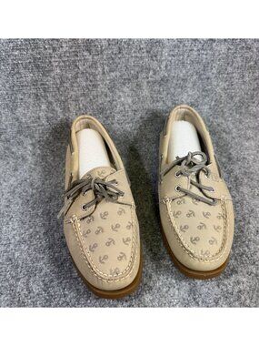 Sperry Womens 10M Beige Anchor Print Leather Boat Shoes Non-Marking Sole